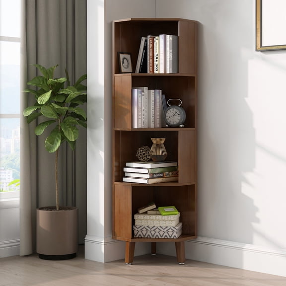 BALANBO 4-Tier Cube Corner Bookshelf Bamboo Corner Bookcase, Brown, 2.8(L) x 14.5(W) x 54(H)