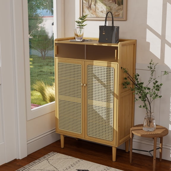 BALANBO 4-Tier Shoe Cabinet, Rattan Shoe Storage Cabinet Rack Organizer for Entryway Living Room Hallway Apartment, Natural