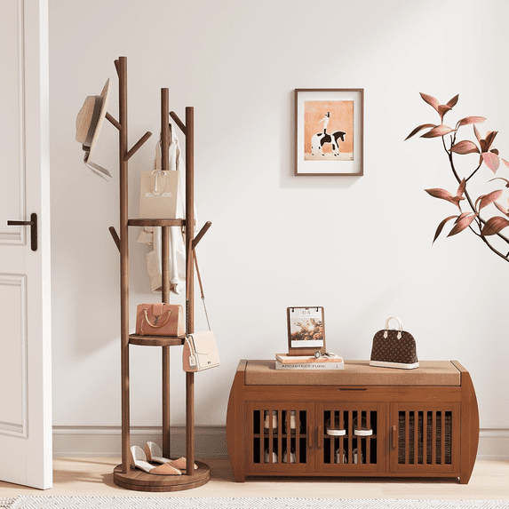 BALANBO 40” Shoe Bench with Lift Top Storage, Entryway Storage Bench with Cushioned Seat, Bamboo End of Bed Bench, Shoe Cabinet Bench with Hidden Storage Space, for Bedroom, Hallway(Brown)