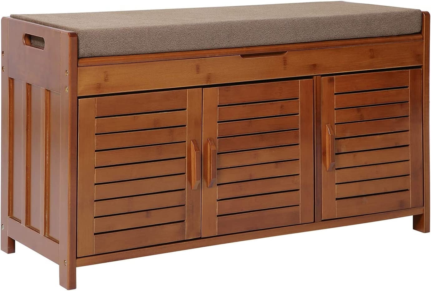 Bamboo Entryway Bench with Hidden Shoe Storage and Detachable Cushion