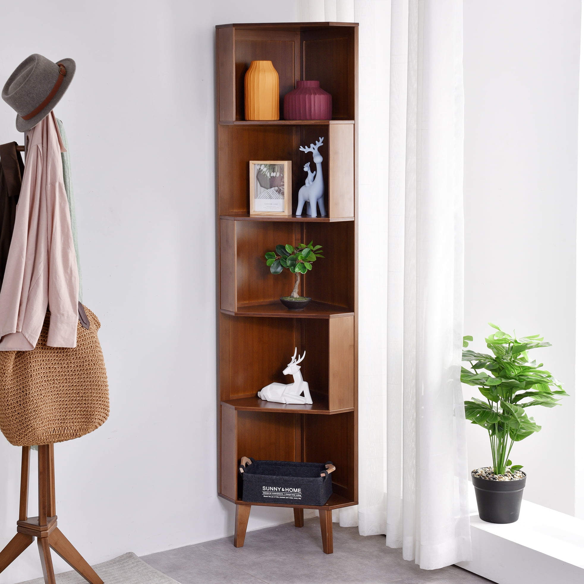 Brown Bamboo 5-Shelf Corner Bookcase with Cubes