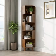 BALANBO 5-Tier Cube Corner Bookshelf Bamboo Corner Bookcase Brown,Modern Display Storage Rack,Brown
