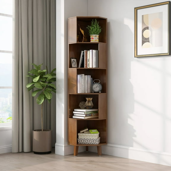 BALANBO 5-Tier Cube Corner Bookshelf Bamboo Corner Bookcase Brown,Modern Display Storage Rack,Brown
