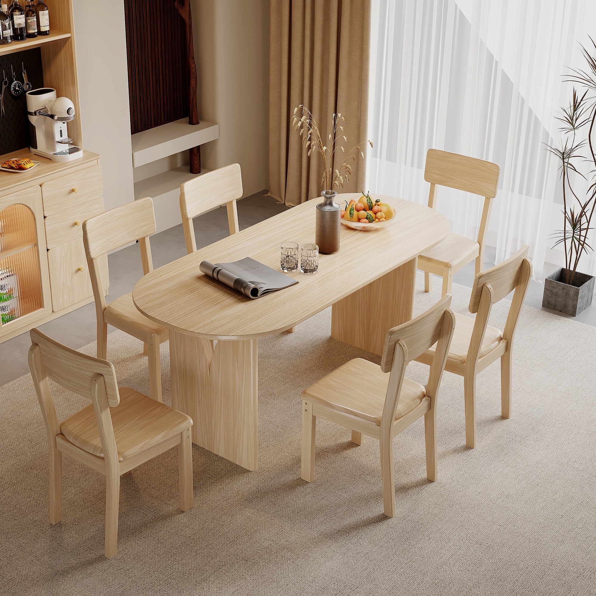 BALANBO 7-Piece Oval Dining Table Set with 6 Chairs, 55" Ash Wood ...