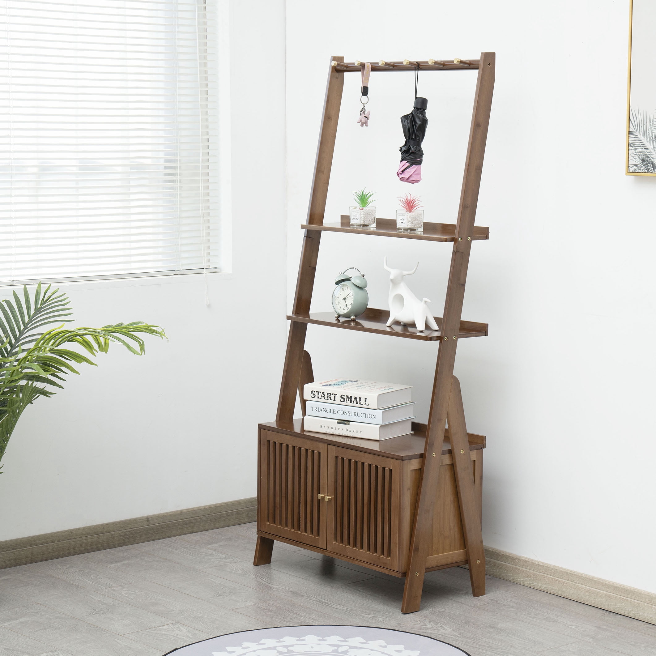 BALANBO Bamboo Ladder Shelf Modern Wood Bookshelf Tall Bookcase Leaning