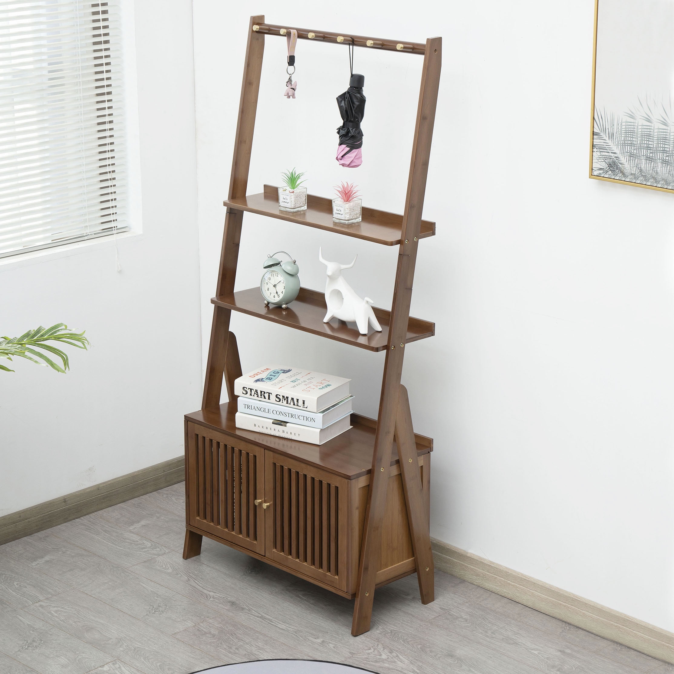BALANBO Bamboo Ladder Shelf Modern Wood Bookshelf Tall Bookcase Leaning