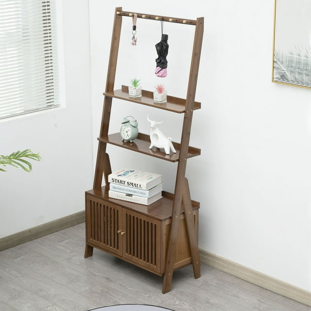 BALANBO Bamboo Ladder Shelf Modern Wood Bookshelf Tall Bookcase Leaning