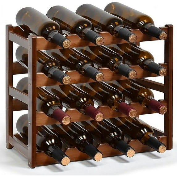 BALANBO Bamboo Wine Rack Storage, 4 Tier 16 Bottle Wine Racks Countertop, Wine Rack Freestanding Floor Wine Holder Cabinet for Kitchen, Bar, Pantry, Wine Cellar, Basement,Study (16.9L x 9.3W x 13.8H)