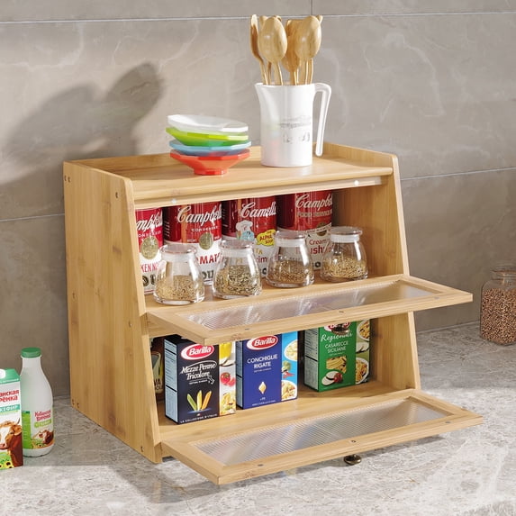 BALANBO Bread Box for Kitchen Countertop Bamboo Bread Storage Container Bin 2 Layer Breadbox Holder Large Capacity Keeper Wood Farmhouse Food Organizer Pantry Shelf Clear Window(Natural color)