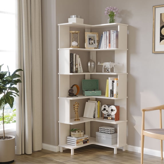 BALANBO Corner Bookshelf Solid Wood 5 Tier Tall Bookcase for Living Room,White