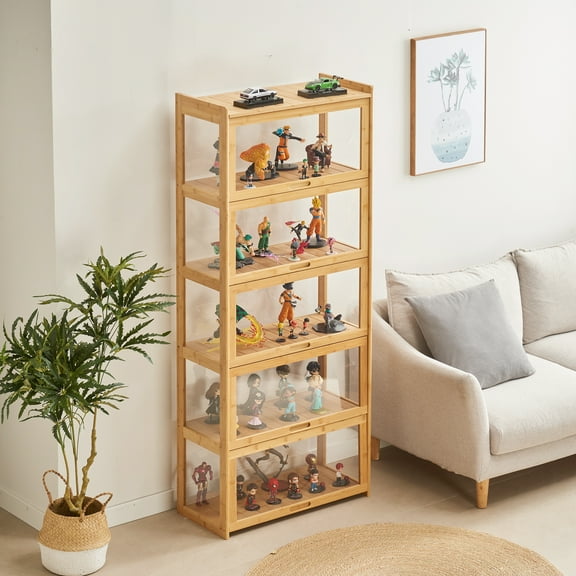 BALANBO 68" 5-Tier Display Cabinet with Glass Doors, Floor Standing Glass Showcase for Living Room and Office, Natural