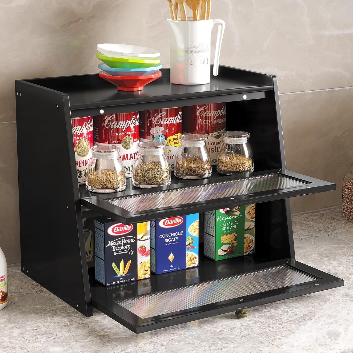 BALANBO Double Layer Large Bamboo Bread Box for Kitchen Counter, Wooden Large Capacity Bread Storage Bin with Window Bread Holder (Black)