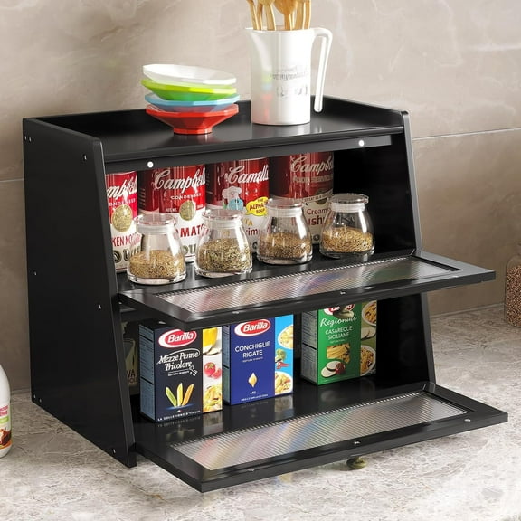 BALANBO Double Layer Large Bamboo Bread Box for Kitchen Counter, Wooden Large Capacity Bread Storage Bin with Window Bread Holder (Black)