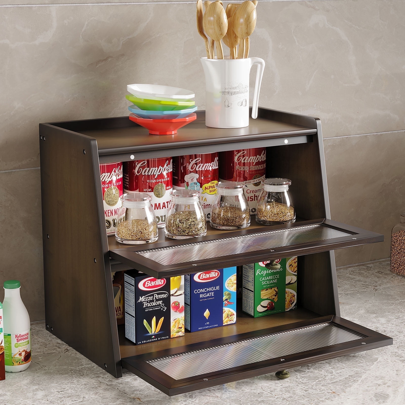 BALANBO Double Layer Large Bamboo Bread Box for Kitchen Counter, Wooden Large Capacity Bread Storage Bin with Window Bread Holder (Brown)