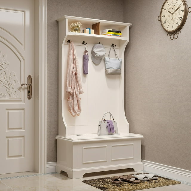 BALANBO Entrance Coat Rack Hall Tree Storage Bench with Metal Black