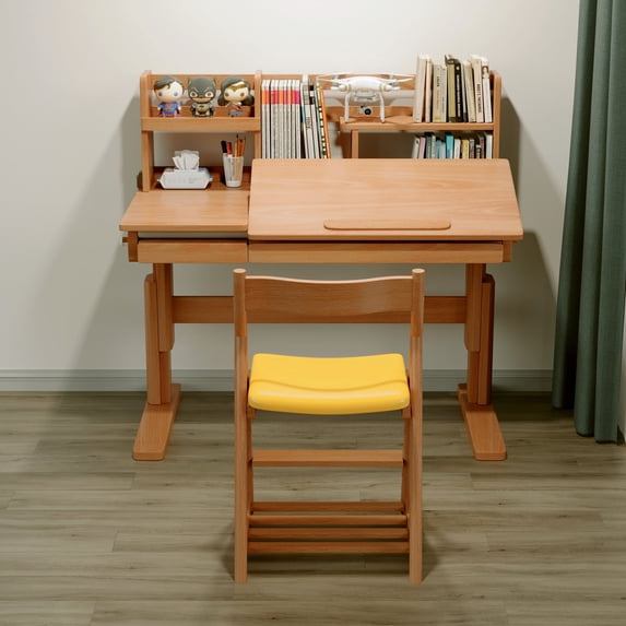 BALANBO Ergonomic Kids Desk and Chair Set, Adjustable Beech Wood Children Computer Desk with Shelf