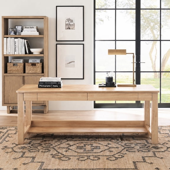 BALANBO Farmhouse Executive Writing Desk with Drawers, Wood Computer Desk for Home Office, Large Rustic Workstation, Natural