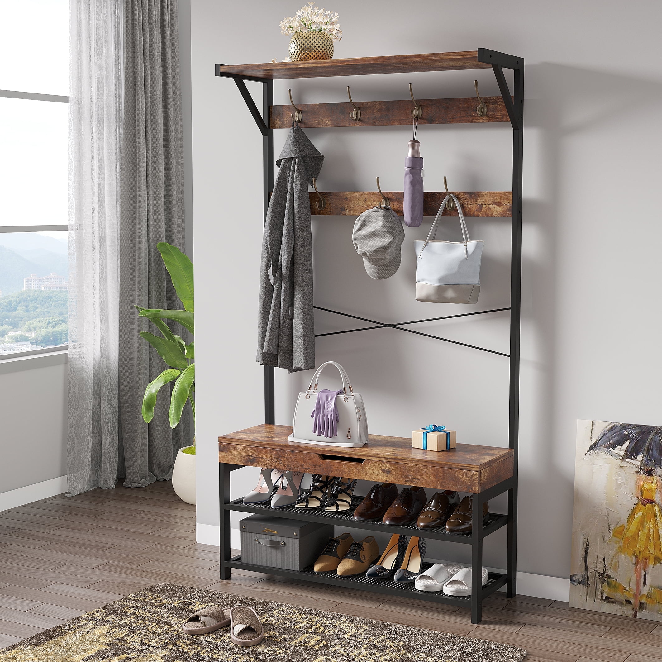 Tree Shoe Rack BALANBO Hall Tree Shoe Bench with Coat Rack, Hooks & Storage Shelf for ...