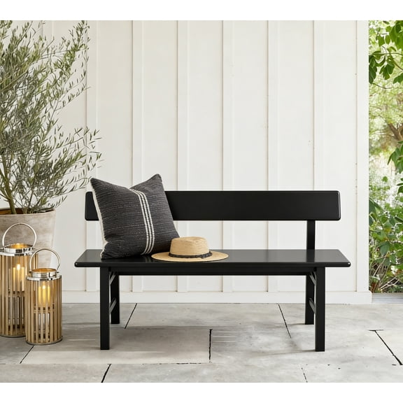 BALANBO Home Modern Solid Wood Entryway Dining Bench with Backrest, Black, 47 Inch