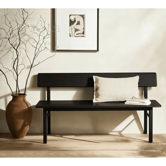 BALANBO Home Modern Solid Wood Entryway Dining Bench with Backrest, Black, 63 Inch