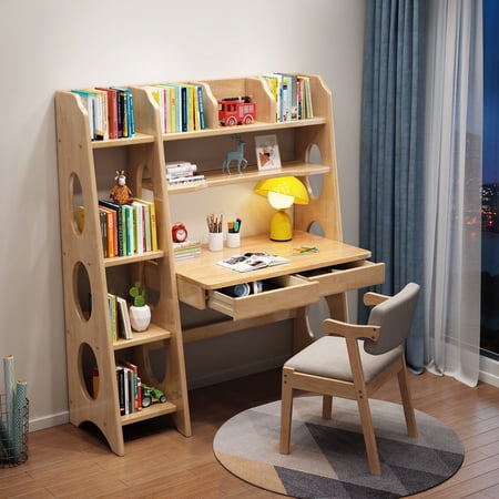 BALANBO Kid's Desk Kid's Table and Chair Set with Drawers and Bookshelf Wooden Kid's Media Desk Student Learning Computer Workstation and Writing Desk (Natural)