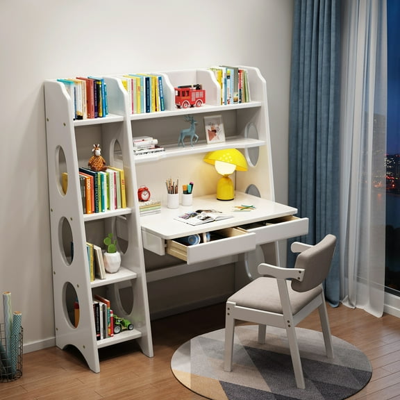 BALANBO Kids Modern Storage Desk with Drawers and Bookshelf, White