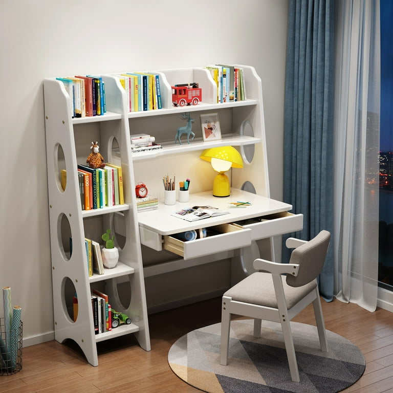 BALANBO Kid's Desk Kid's Table and Chair Set with Drawers and Bookshelf  Wooden Kid's Media Desk Student Learning Computer Workstation and Writing  Desk