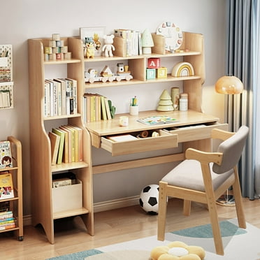BALANBO Kids Desk Writing Table Study Desk and Chair Set with Hutch and Storage Draws, Natural