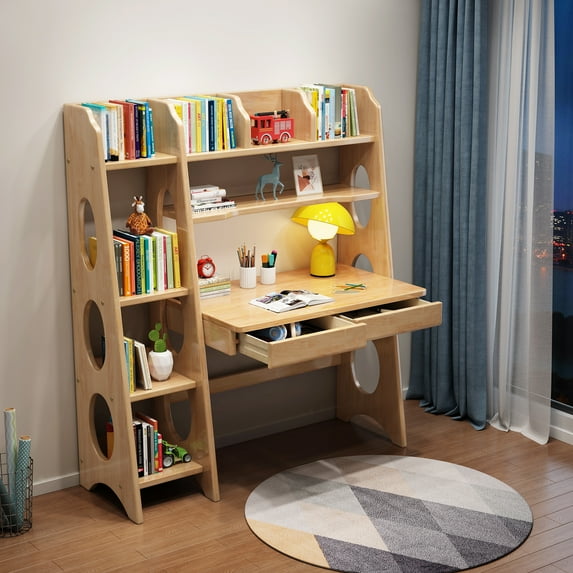 BALANBO Kids Desk Kids Table with Drawers and Bookshelf Wooden Kids Media Desk Student Learning Computer Workstation and Writing Desk (Natural)