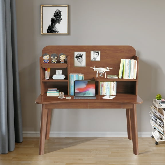 BALANBO Kids Desk Kids Table Wooden Children’s Study Desk with Bookshelf and Two Drawers Desk for 3 Years Old and Above Student's Study Computer Workstation & Writing Table for Home School Use（Brown）