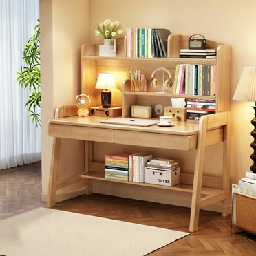 BALANBO Kids Desk, Wood Kid Study Desk Writing Table with Hutch and Drawer, Natural