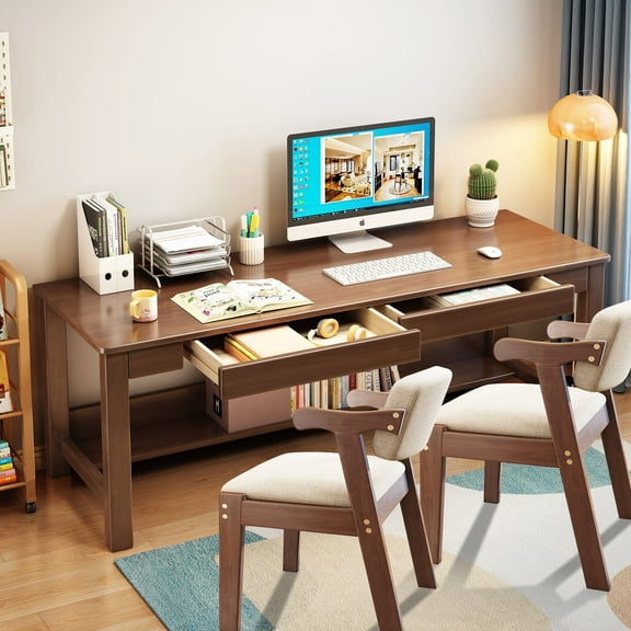 BALANBO Kids Desk and Chair Set, Writing Desk Learning Computer Desk, Wooden Two Person Desk, Walnut