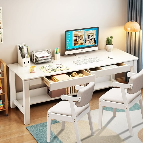 BALANBO Kids Desk and Chair Set, Writing Desk Learning Computer Desk, Wooden Two Person Desk, White