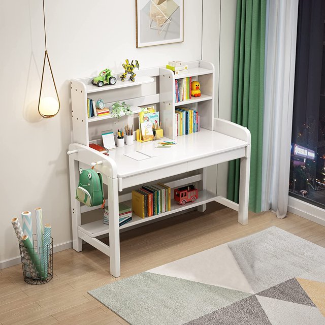 BALANBO Kids Desk with Drawer and Bookshelf Wooden Children’s Media