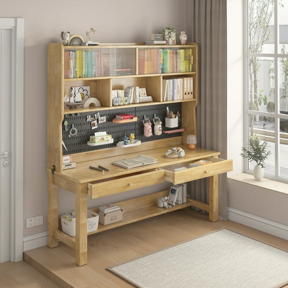 BALANBO Kids Desk with Hutch and Storage, Solid Wood Study Writing Desk with Drawers and Pegboard for Children, Natural