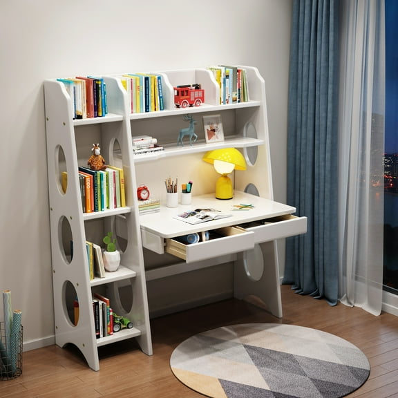 BALANBO Kids Modern High Quality Desk with Drawer and Bookshelf, White