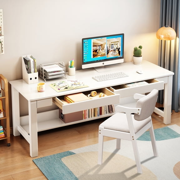 BALANBO Kids Study Desk with Chair, Wooden Study Table,  Writing Desk Computer Workstation, White