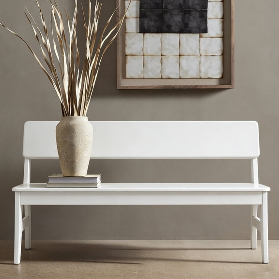 BALANBO Modern Solid Wood Dining Bench with Backrest, Entryway Bench for Kitchen Dining Room Living Room Bedroom, 55.1'', White
