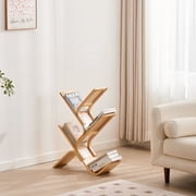 BALANBO Modern Tree Bookshelf with 4-Tier Open Shelves, Freestanding Bookcase for Adults, Natural Bamboo and Rattan Rack for Living Room, Bedroom