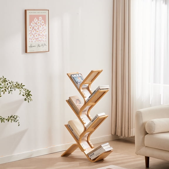 BALANBO Modern Tree Bookshelf with 6-Tier Open Shelves, Freestanding Bookcase for Living Room, Bedroom, Natural Bamboo and Rattan Rack