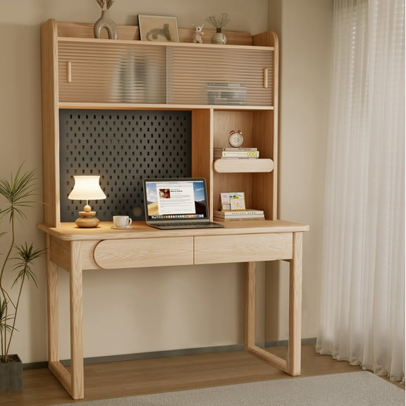 BALANBO Modern Wooden Kids Desk with Hutch and Bookshelf, Nature, Wood of Ash