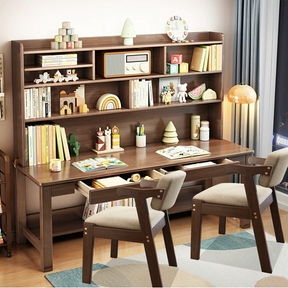 BALANBO Solid Wood Kids Desk and Chair Set with Hutch,Study Computer Desk with Drawers,Extra Large Two Person Study Desk Writing Table,Natural Oak Student Desk with Bookshelf for Home Office,Brown