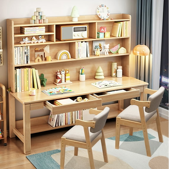 BALANBO Solid Wood Kids Desk and Chair Set with Hutch,Study Computer Desk with Drawers,Extra Large Two Person Study Desk Writing Table,Student Media Desk with Bookshelf for Bedroom,Study Room,Natural