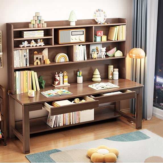 BALANBO Solid Wood Kids Desk with Hutch and Shelves, Study Computer Desk with Drawers, Extra Large Two Person Study Desk Writing Table, Student Media Desk with Bookshelf for Bedroom,Study Room,Walnut