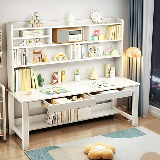BALANBO Solid Wood Kids Desk with Hutch and Shelves, Study Computer Desk with Drawers, Extra Large Two Person Study Desk Writing Table, Student White Desk with Bookshelf for Bedroom,Study Room,White