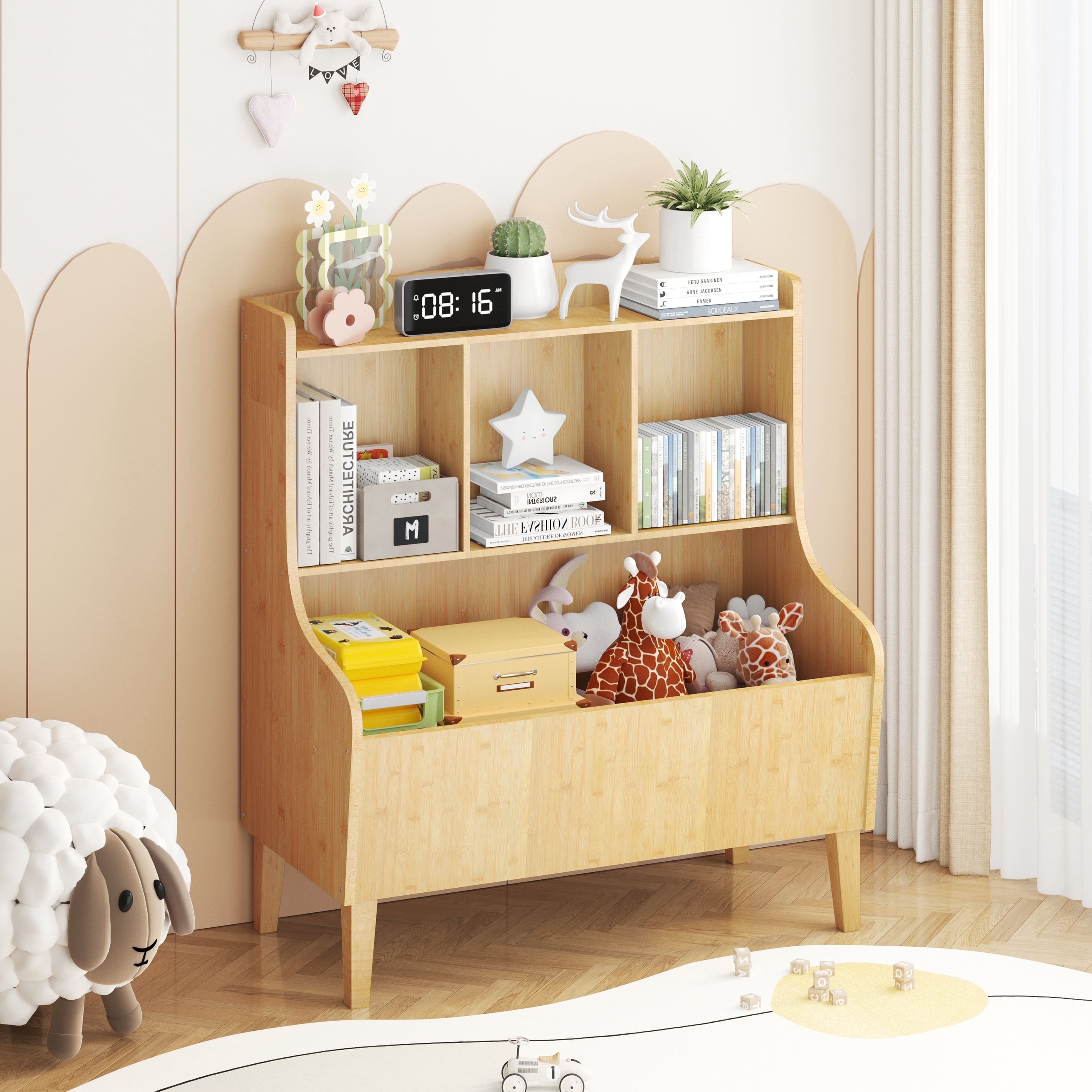 BALANBO Toy Storage Organizer, Kids Bookshelf Market Bin Cubby, Toy Chest for Playroom, Natural