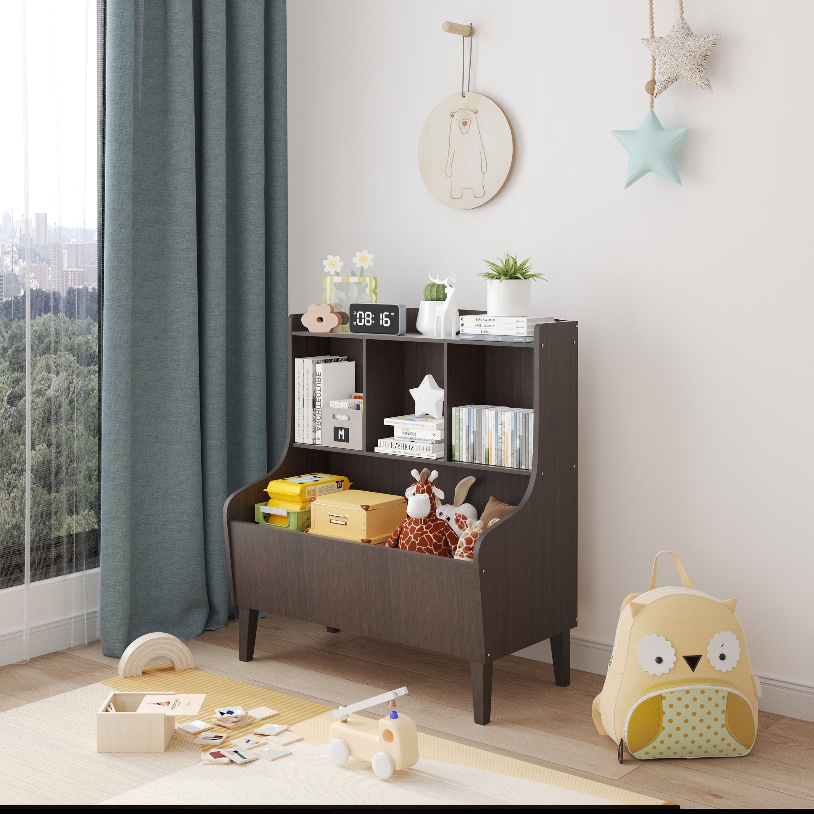 BALANBO Toy Storage Organizer, Kids Bookshelf Market Bin Cubby, Toy Chest for Playroom, Walnut