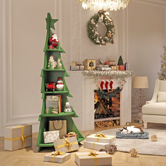 BALANBO Tree Kids Bookshelf, Wooden Corner Bookshelf Bookcase for Kids Room, Living room, Green