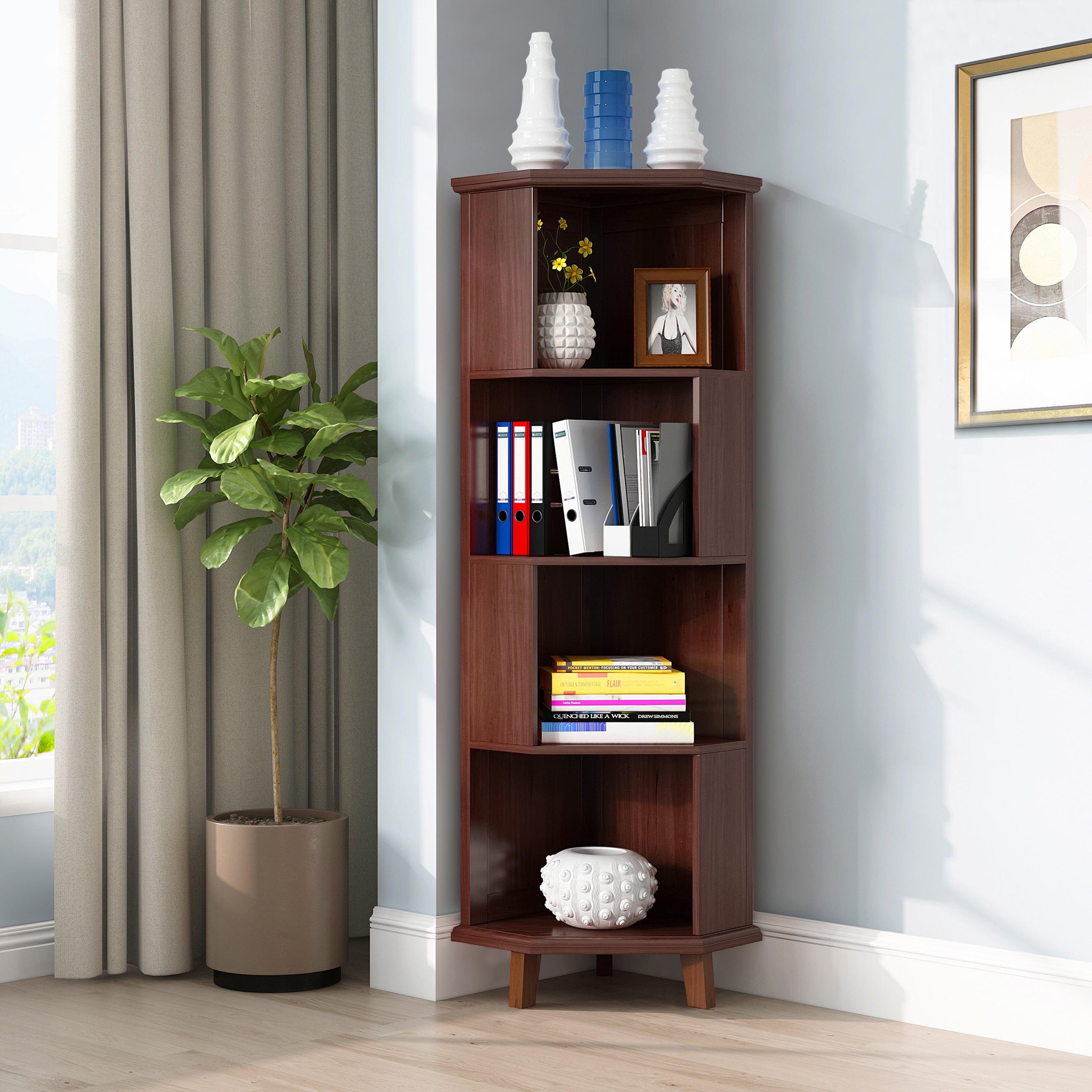 Brown outlet corner bookshelf