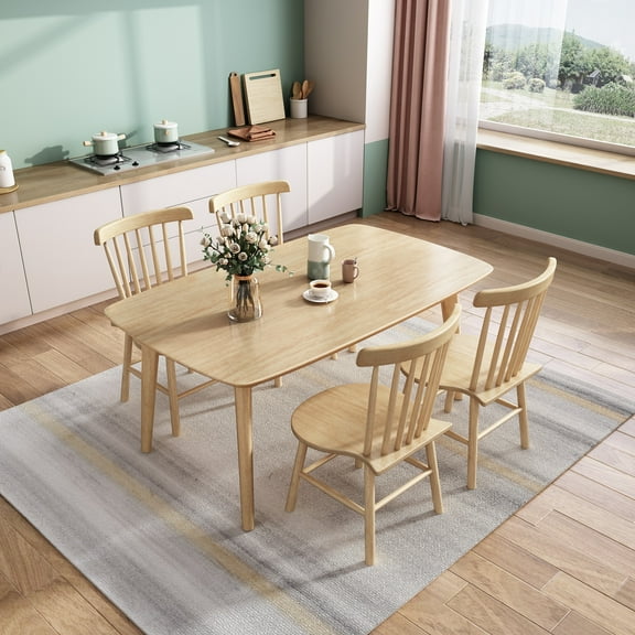 BALANBO Wardell 47" 5-Piece Mid-Century Modern Solid Wood Dining Table Set with 4 Windsor Chairs Kitchen Furniture,Natural